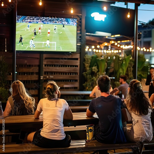 Friends watch sport tv in the pub. Soccer or football fans High quality AI generated image