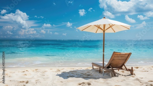 A chair and an umbrella provide shade on the sandy beach, with the azure sky reflecting in the crystal clear water of the oceanic coastal landforms AIG50 © Summit Art Creations