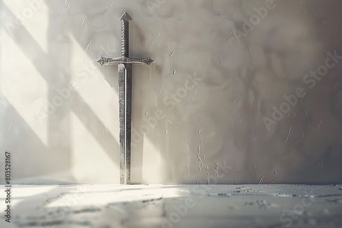 A medieval-inspired sword with a crossguard, standing on a white surface.