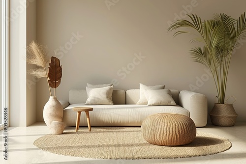 Interior design of living room with copy space  beige sofa  side table  leaf in vase  pouf  elegant accessories and boucle rug. Beige wall. Minimalist home decor. 