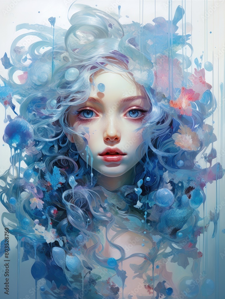 Ethereal fantasy portrait of a young woman with flowing blue hair