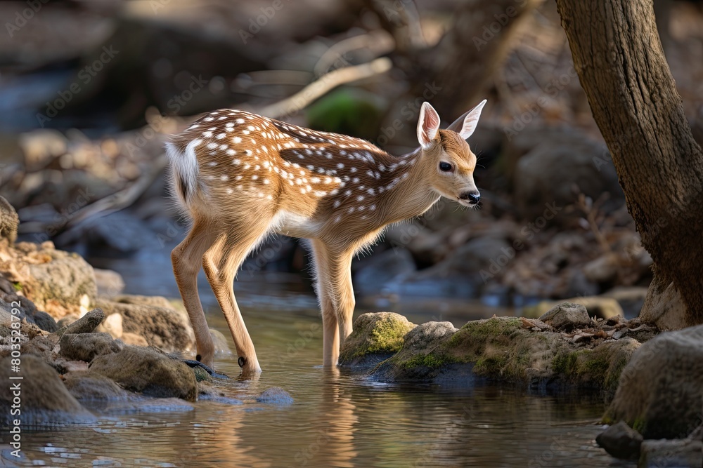 Spotted fawn standing in shallow stream Spotted fawn standing in shallow stream
