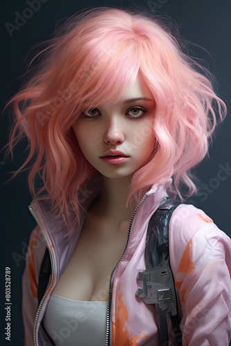 young woman with pink hair and serious expression