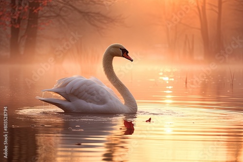 Serene swan swimming in golden sunset