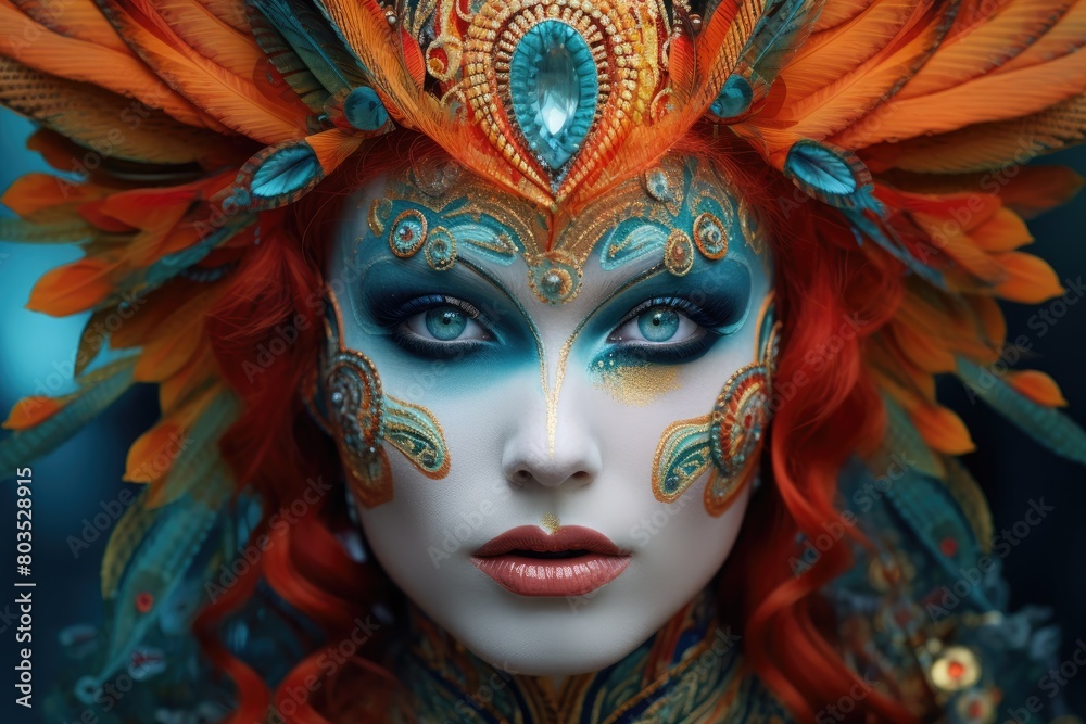 Vibrant fantasy makeup with ornate headdress