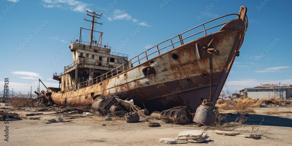 Abandoned and rusted ship on shore