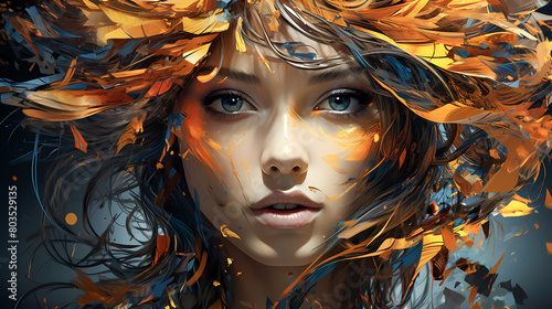 Digital artwork featuring dynamic, swirling forms in dark blues, bright oranges, and golds, possibly representing abstract leaves or feathers. A large, blurred, brownish rectangle obscures the center. photo