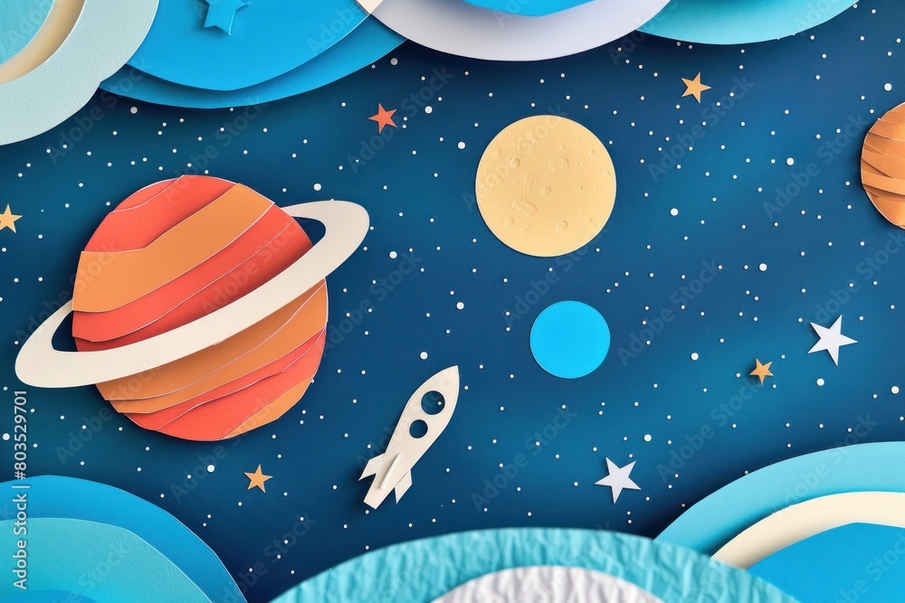 A paper cutout of a rocket flying through space with a planet in the background. The paper is blue and white