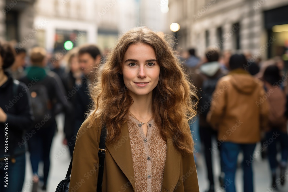 Fototapeta premium young woman with curly hair in city street