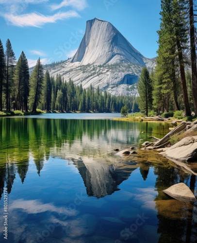 Majestic mountain peak reflecting in serene lake