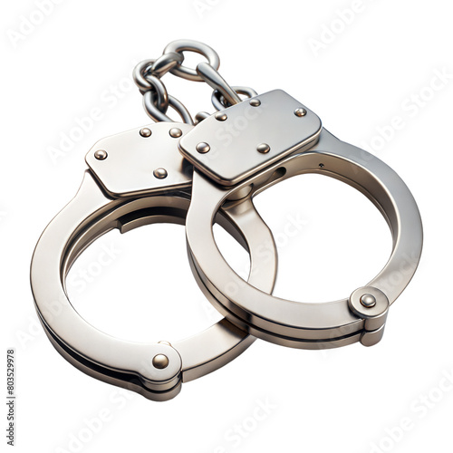 Silver Metal Handcuffs Hanging Linked by a Sturdy Chain on Transparent Background