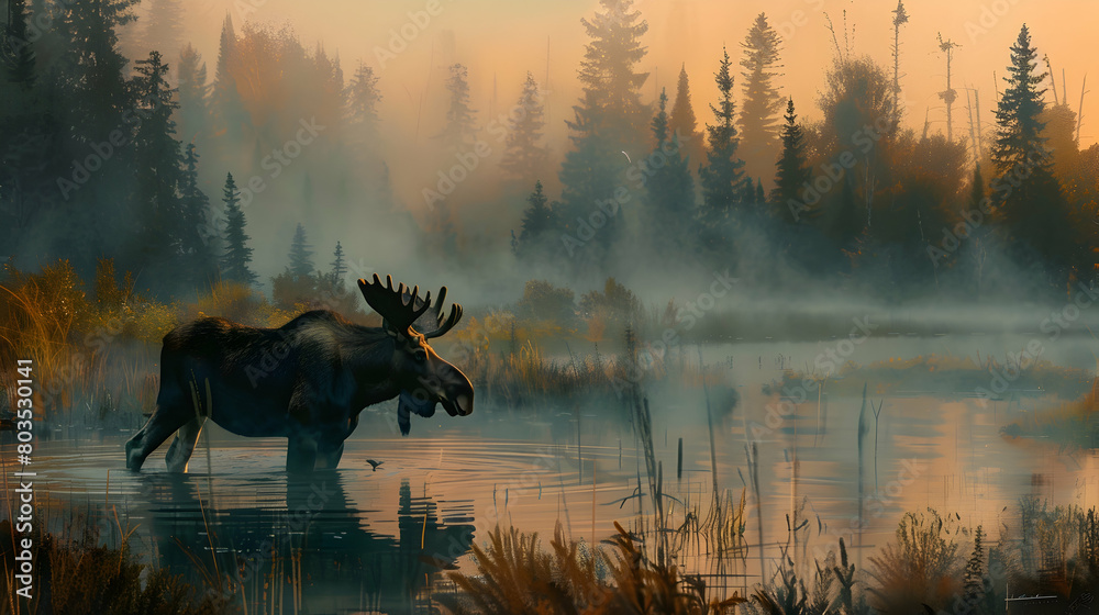 Wildlife in the taiga, capturing a moose wading through a misty marshland with early morning fog enveloping the scene Wildlife in the taiga, capturing a moose wading through a misty marshland with early morning fog enveloping the scene