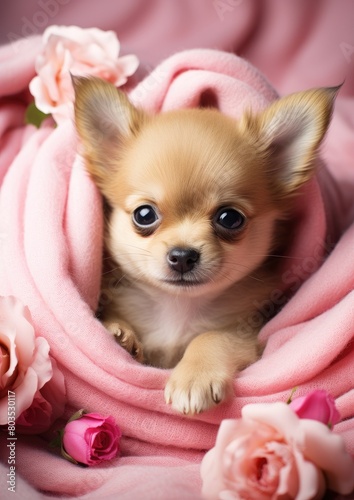 Adorable chihuahua puppy in pink floral blanket