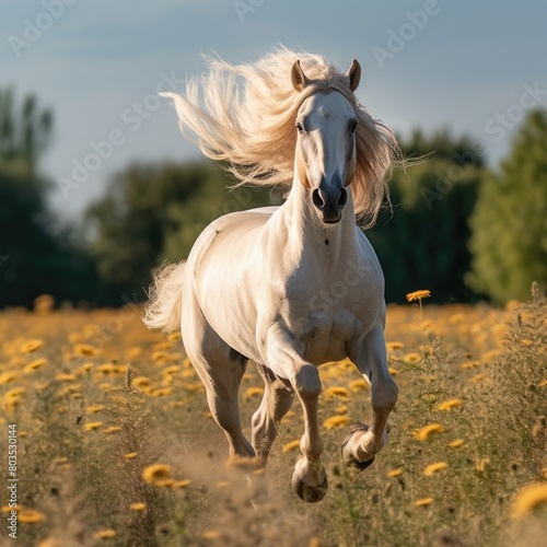 Majestic white horse running through field of yellow flowers