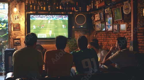 Friends watch sport tv in the pub. Soccer or football fans High quality AI generated image photo