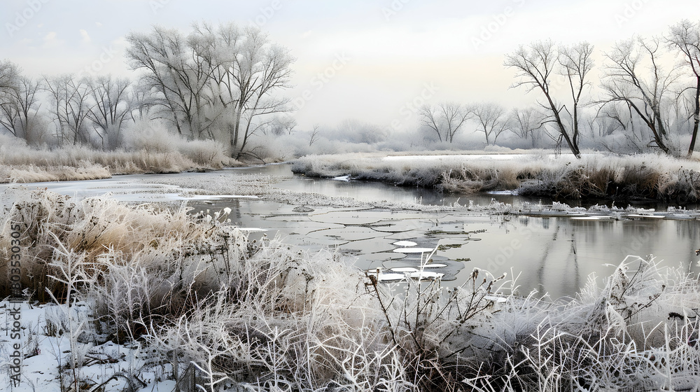 Winter in a wetland with frost-covered plants and ice sheets forming on still water, under a pale gray sky Winter in a wetland with frost-covered plants and ice sheets forming on still water, under a pale gray sky