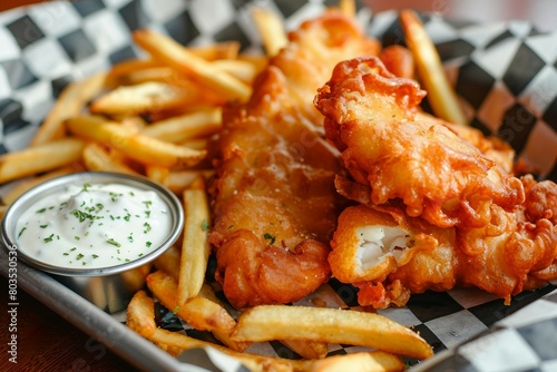 A close-up image of a traditional fish and chips meal, featuring golden-brown battered fish alongside a bed of fries, served with a side of tartar sauce garnished with herbs. photo