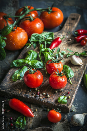 Rustic wooden cutting board with fresh vegetables