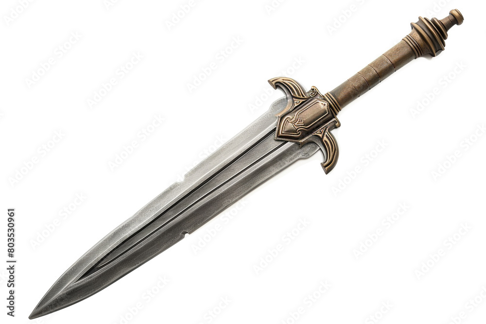 A battle-ready gladius with a short, stabbing blade, isolated on solid white background. A battle-ready gladius with a short, stabbing blade, isolated on solid white background.