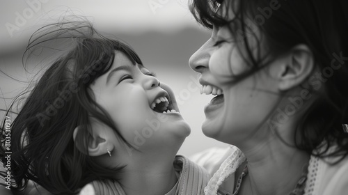 Heartwarming Moment Mother-Daughter Laughter. Uncolored Background.