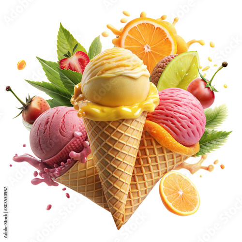 Assortment of Colorful Ice Cream Scoops in Waffle Cones With Fresh Fruits on a Transparent Background