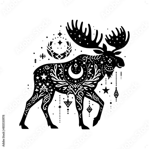 Moose silhouette in bohemian, boho, nature illustration