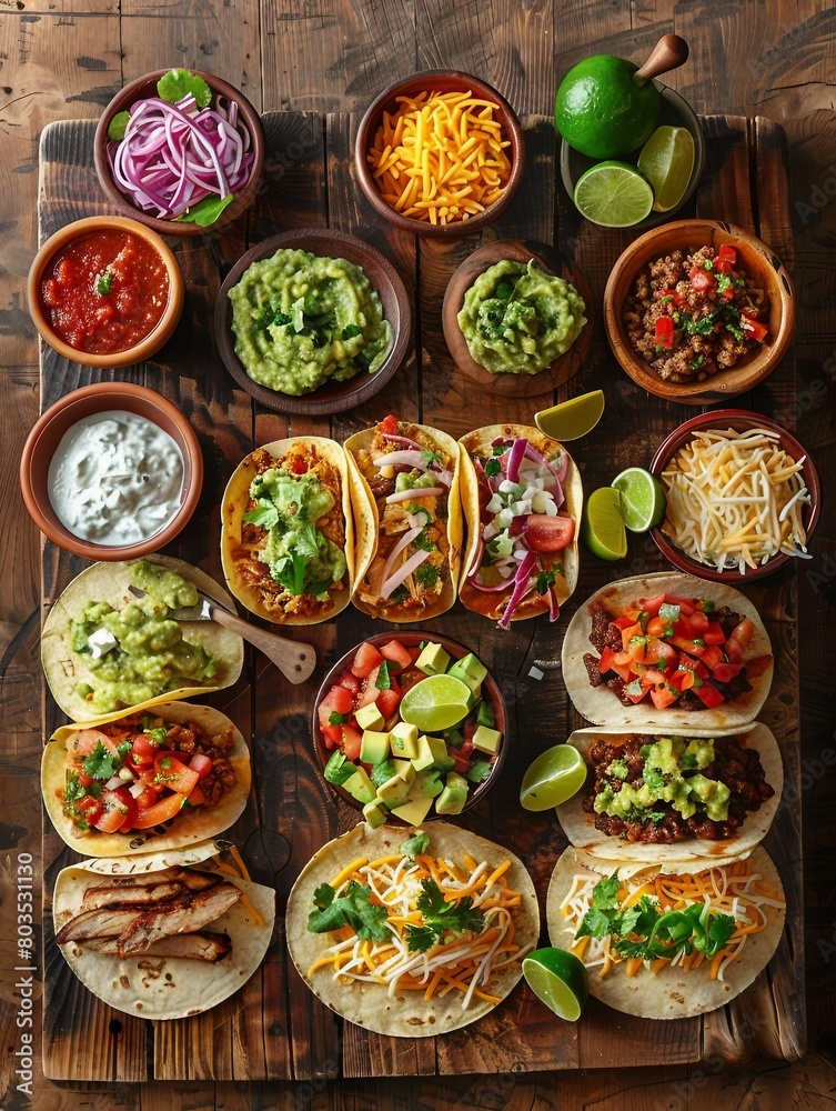 An array of tacos with various fillings and condiments spread out on a rustic wooden surface. An array of tacos with various fillings and condiments spread out on a rustic wooden surface.