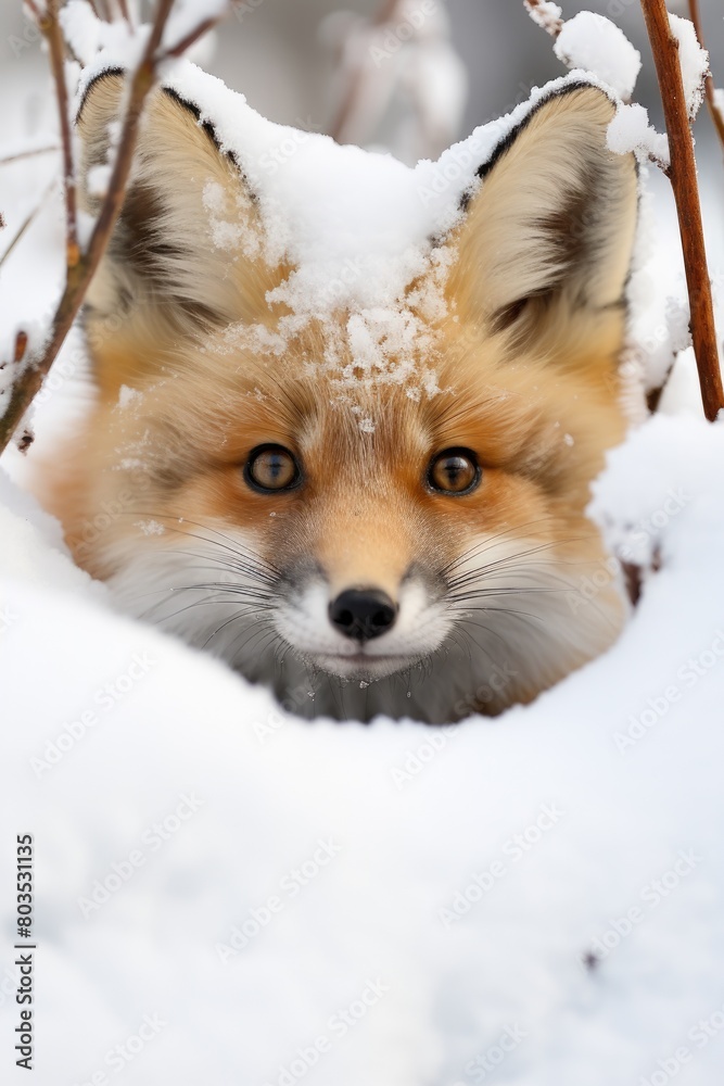 Curious red fox in snowy forest Curious red fox in snowy forest