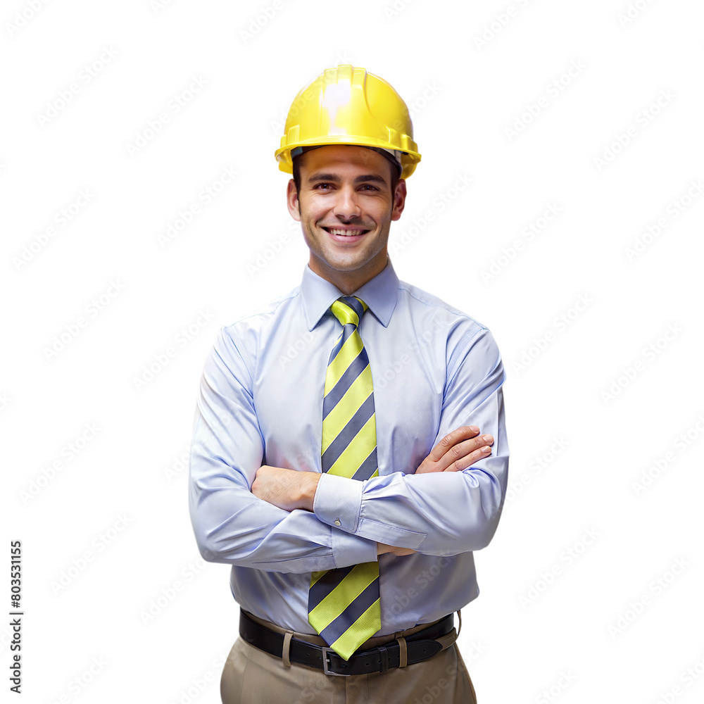 Smiling construction manager with yellow hard hat and work clothes on transparent background Smiling construction manager with yellow hard hat and work clothes on transparent background