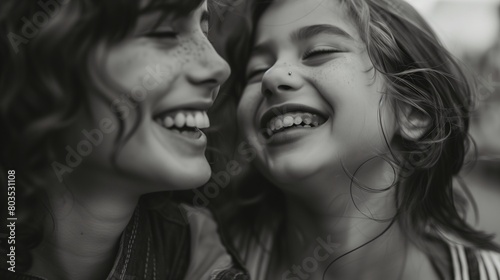 Heartwarming Moment Mother-Daughter Laughter. Uncolored Background.