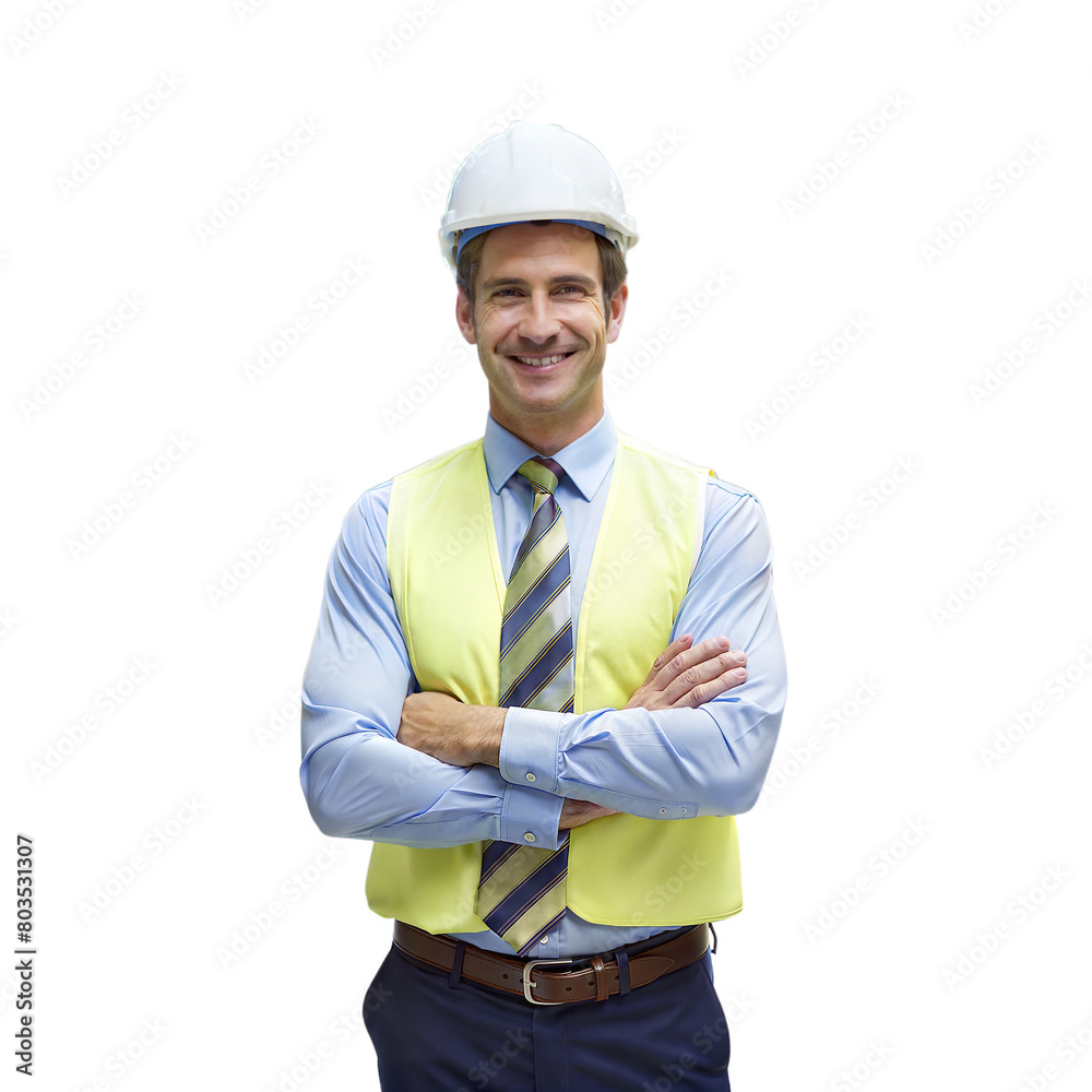 Smiling Construction Worker in Safety Gear Ready for Work on Transparent Background Smiling Construction Worker in Safety Gear Ready for Work on Transparent Background