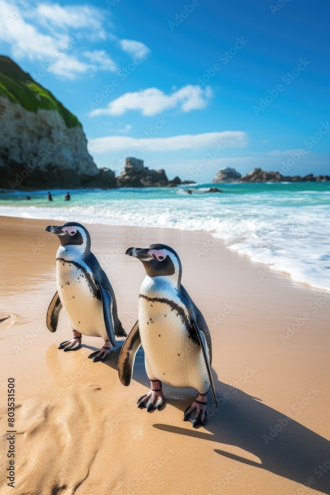 Fototapeta premium Penguins on a tropical beach