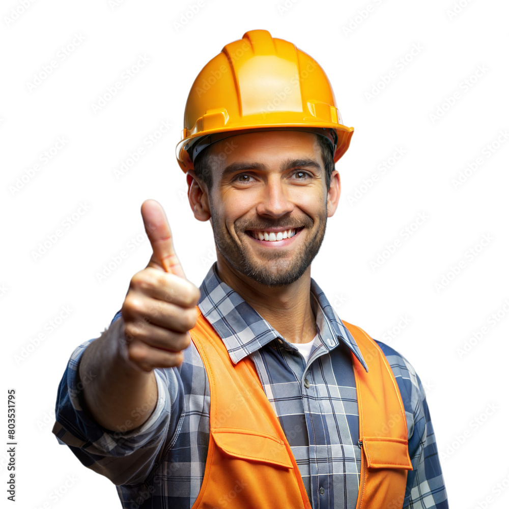 Smiling Construction Worker Giving a Thumbs-Up in Safety Gear With Transparent Background