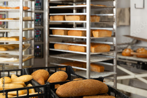 View of appetizing fresh baked bread in bakery