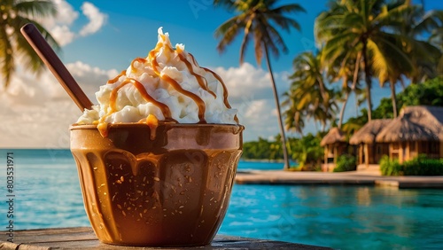 Indulgent chocolate sundae topped with caramel and whipped cream on the beach.