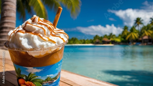 A creamy coconut drink with whipped cream and caramel, set on a table near the ocean.