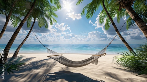 Empty comfortable hammock on the tropic beach with palm trees. Vacation and summer holiday concept, nature landscape © Vladimir