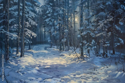 A painting of a snowy forest with a path through it © Nico