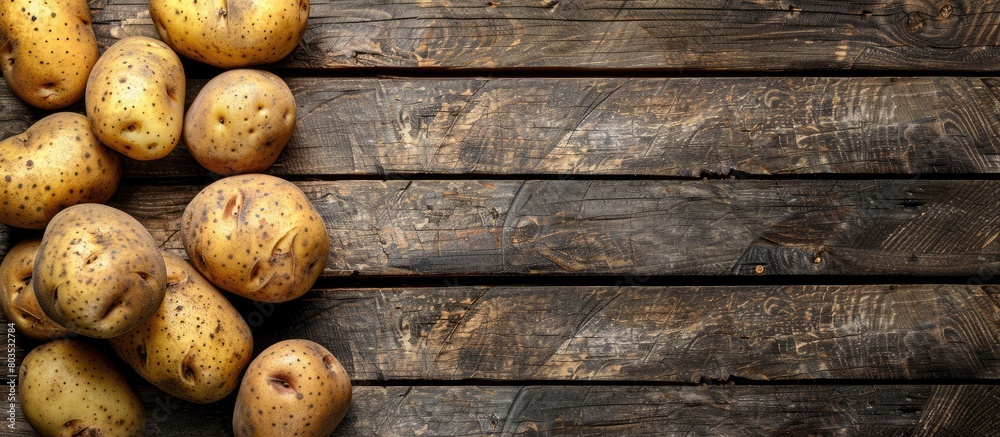 Raw potatoes on wooden surface. Top view background for text.