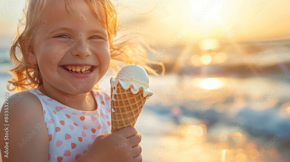 Happy little girl enjoying a vanilla ice cream cone on a sunny beach