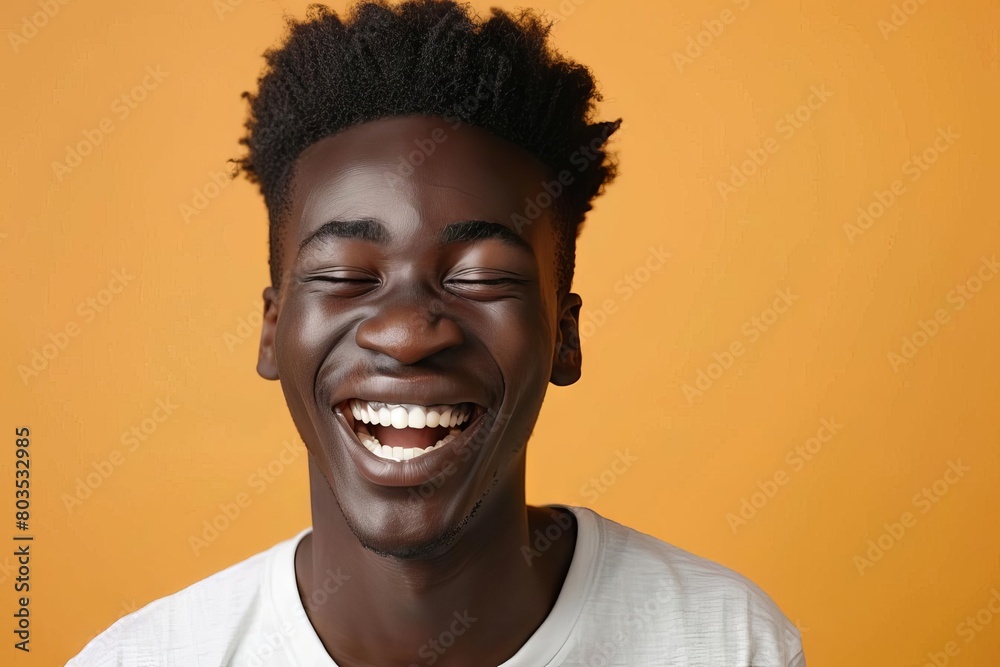 handsome unshaven young darkskinned male laughing showing white straight teeth enjoying funny internet meme joyful facial expression concept illustration