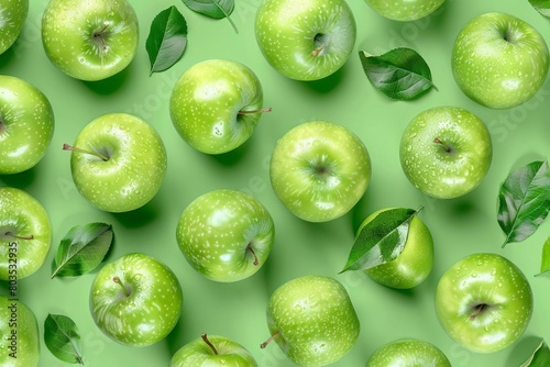 green apple fruits over green seamless background fresh produce pattern concept illustration