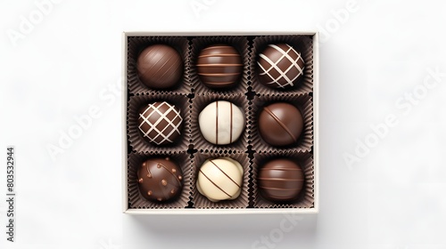 Gift craft box with chocolate candies isolated on white background, top view.