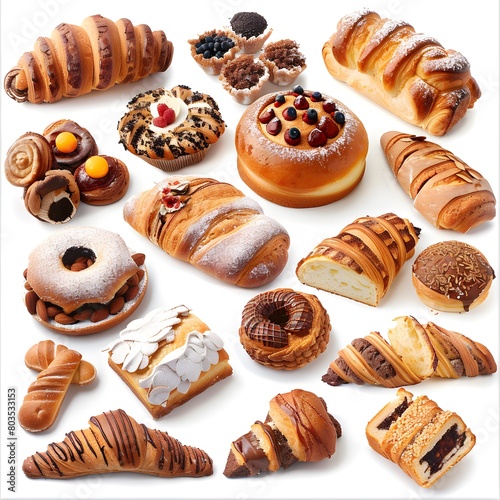 Chocolate croissant, plain croissants, and seeded croissant arranged with other sweet bakery items like cookies, cakes, and pastries on a white background