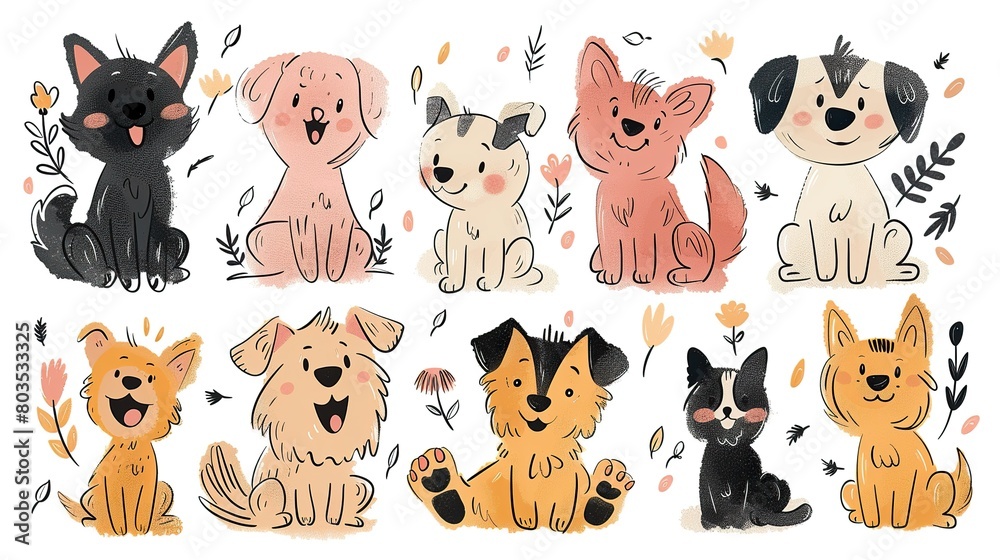Set of cute cartoon dogs in different poses. Collection of adorable puppies with floral elements. Vector illustration.