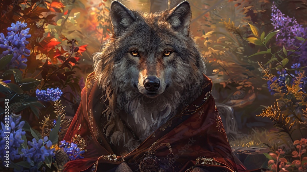 Lupine Elegance, Majestic Wolf Wearing Elegant Cloak . Generative Ai Lupine Elegance, Majestic Wolf Wearing Elegant Cloak . Generative Ai