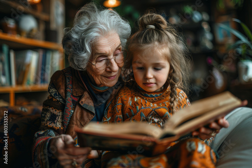 Upper body shot of a smiling elderly lady and her young grandchild deeply engaged in a fairy tale book. AI generated.