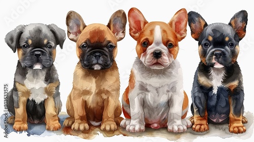 Four adorable French Bulldog puppies in a watercolor painting style, with a white background. photo