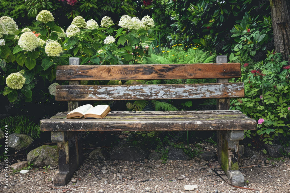 Rustic wooden bench in a garden with a book Rustic wooden bench in a garden with a book
