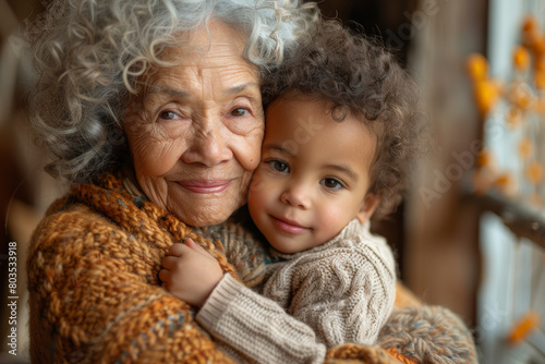 Upper body shot of a joyful elderly lady and a small child embracing each other in a garden. AI generated.